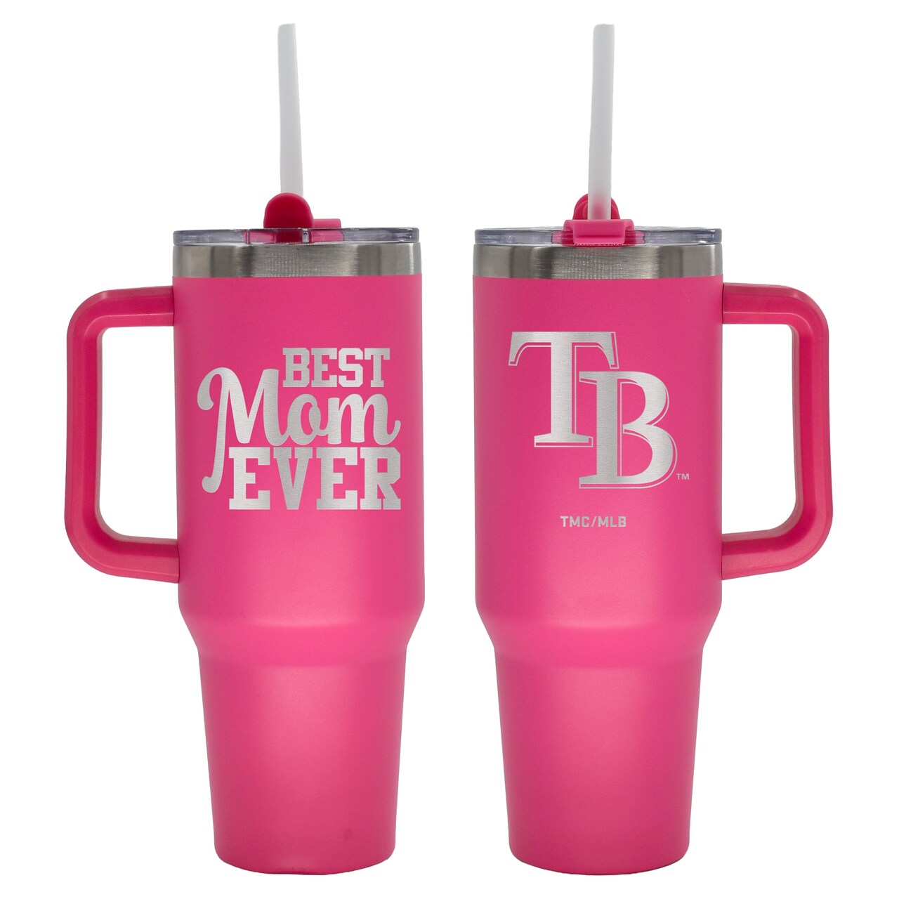 40oz Pink Stainless Steel Colossal Tumbler, Etched, Best Mom Ever Design, Tampa Bay Rays